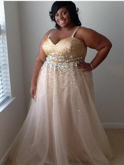 A-Line Spaghetti Straps Sleeveless With Beading Floor-Length Tulle Plus Size Prom Dress