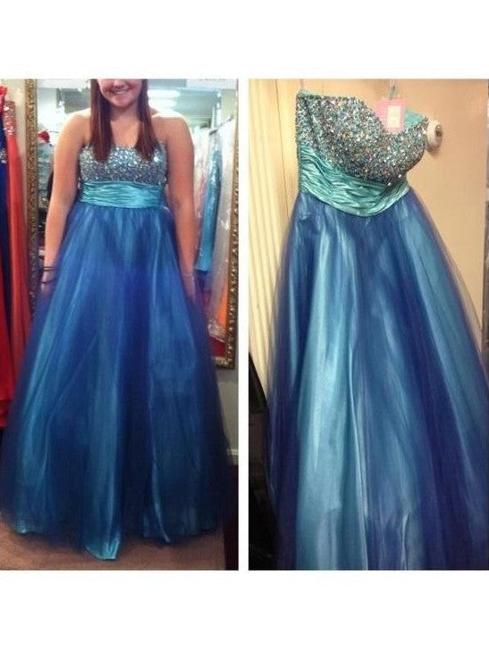 A-Line Sweetheart Sleeveless With Beading Floor-Length Tulle Plus Size Prom Dress