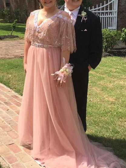 A-Line V-neck 1/2 Sleeves With Beading Court Train Tulle Plus Size Prom Dress