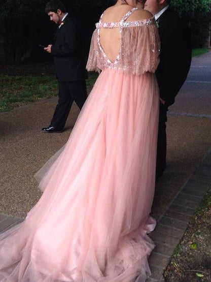 A-Line V-neck 1/2 Sleeves With Beading Court Train Tulle Plus Size Prom Dress