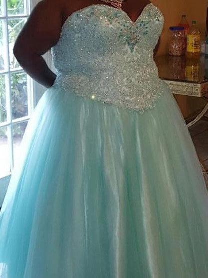 Ball Gown Sweetheart Sleeveless With Beading Floor-Length Tulle Plus Size Prom Dress