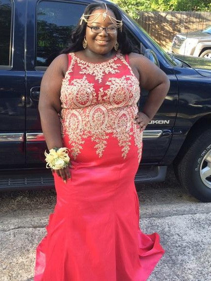 Mermaid Scoop Sleeveless With Applique Sweep/Brush Train Satin Plus Size Prom Dress