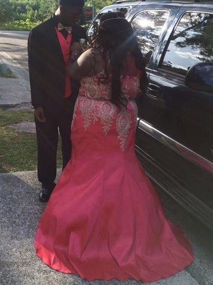 Mermaid Scoop Sleeveless With Applique Sweep/Brush Train Satin Plus Size Prom Dress