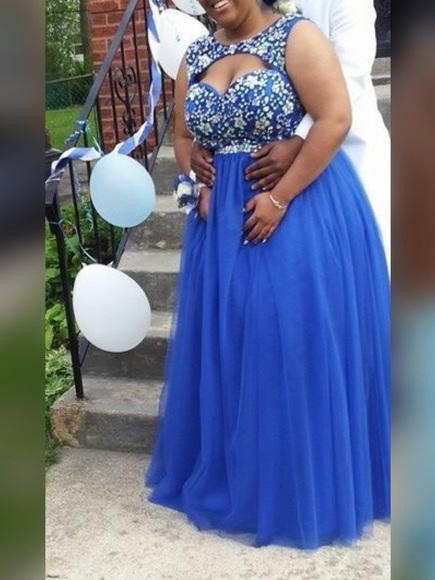 A-Line Scoop Sleeveless With Beading Floor-Length Tulle Plus Size Prom Dress