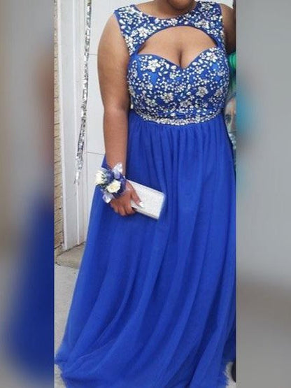 A-Line Scoop Sleeveless With Beading Floor-Length Tulle Plus Size Prom Dress