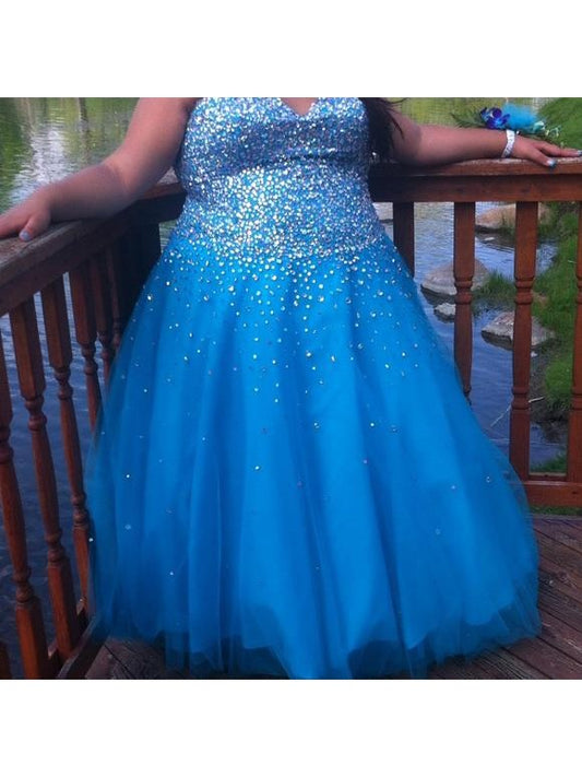 Ball Gown Sweetheart Sleeveless With Beading Floor-Length Tulle Plus Size Prom Dress