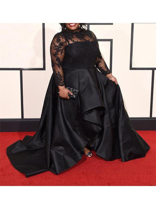 A-Line Sheer Neck Long Sleeves With Applique Asymmetrical Satin Plus Size Prom Dress