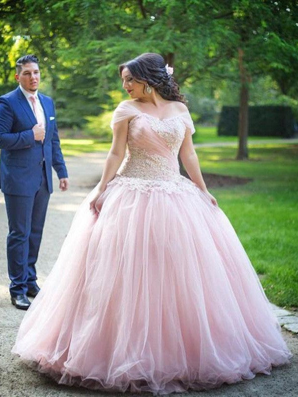 Ball Gown Off-the-Shoulder Sleeveless With Applique Floor-Length Tulle Plus Size Prom Dress