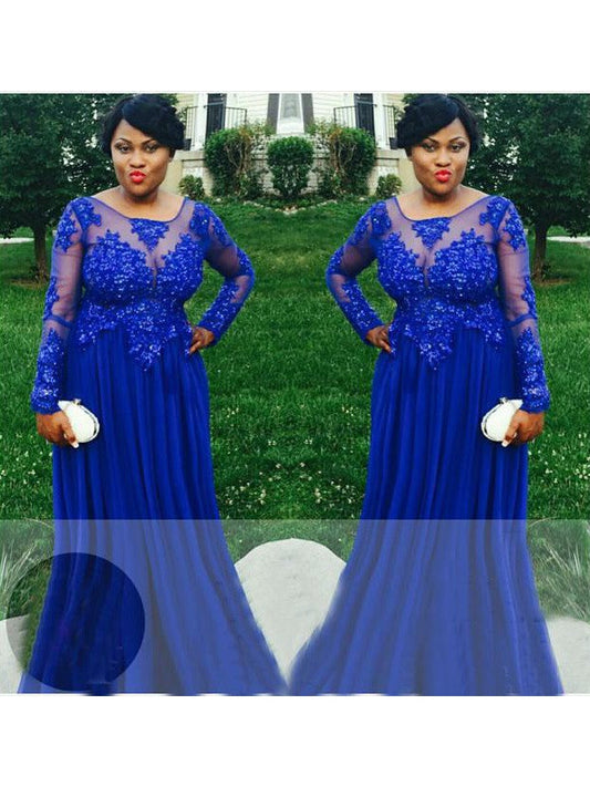 A-Line Sheer Neck Long Sleeves With Applique Floor-Length Chiffon Plus Size Prom Dress