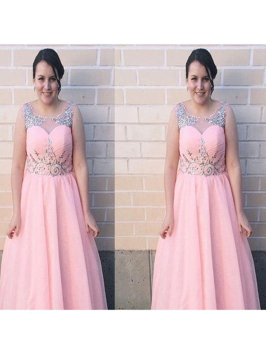 A-Line Sheer Neck Sleeveless With Beading Floor-Length Chiffon Plus Size Prom Dress