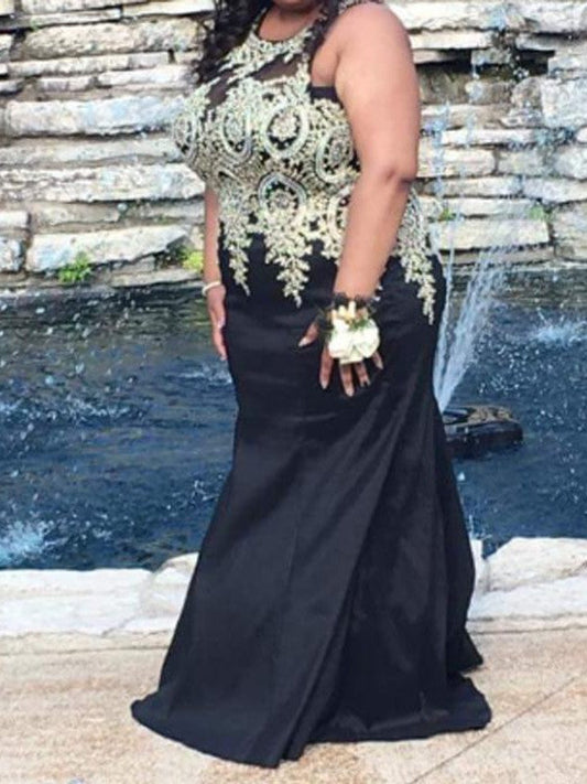 Mermaid Scoop Sleeveless With Applique Sweep/Brush Train Chiffon Plus Size Prom Dress