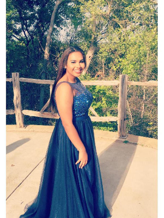 A-Line Sheer Neck Sleeveless With Beading Floor-Length Tulle Plus Size Prom Dress