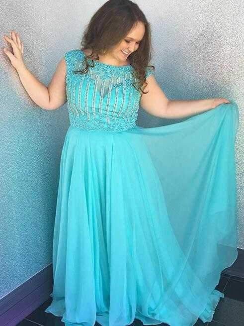 A-Line Bateau Sleeveless With Beading Sweep/Brush Train Chiffon Plus Size Prom Dress