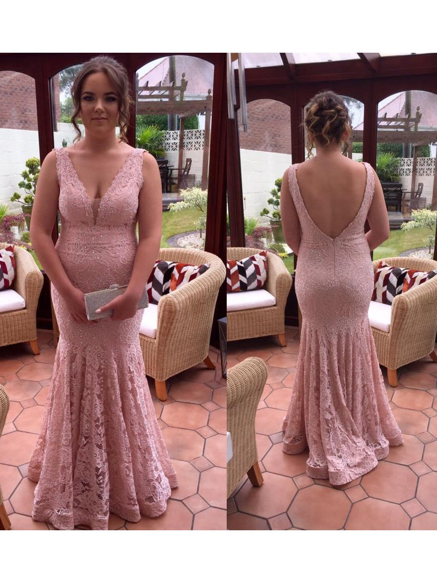 Mermaid V-neck Sleeveless With Beading Floor-Length Lace Plus Size Prom Dress