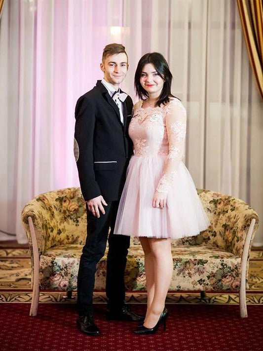 A-Line Sheer Neck Long Sleeves With Applique Short/Mini Tulle Plus Size Prom Dress