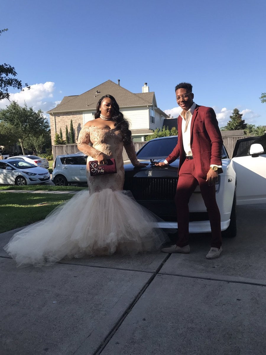 Mermaid Off-the-Shoulder Long Sleeves With Applique Court Train Tulle Plus Size Prom Dress