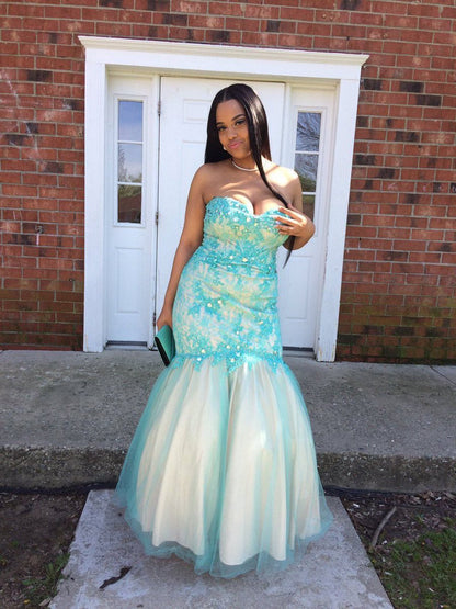 Mermaid Sweetheart Sleeveless With Applique Floor-Length Tulle Plus Size Prom Dress