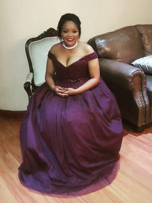 A-Line Off-the-Shoulder Sleeveless With Beading Floor-Length Tulle Plus Size Prom Dress