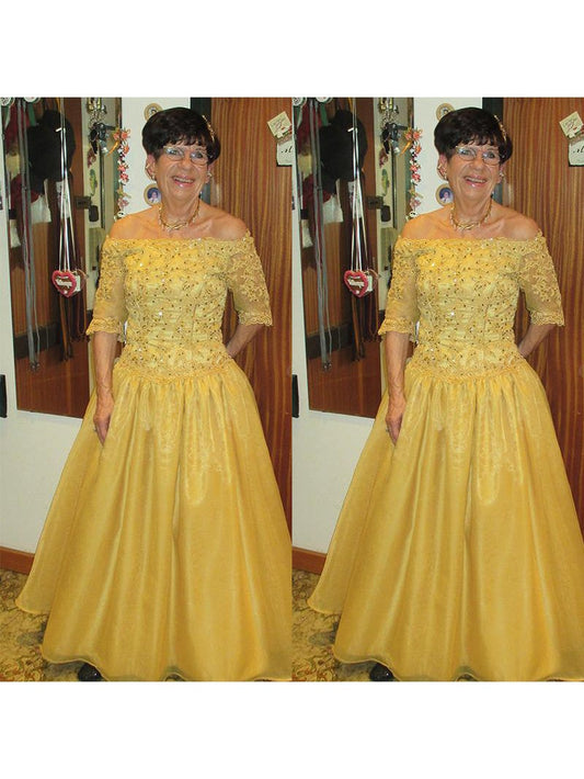 A-Line Off-the-Shoulder 1/2 Sleeves With Beading Floor-Length Tulle Mother of the Bride Dress