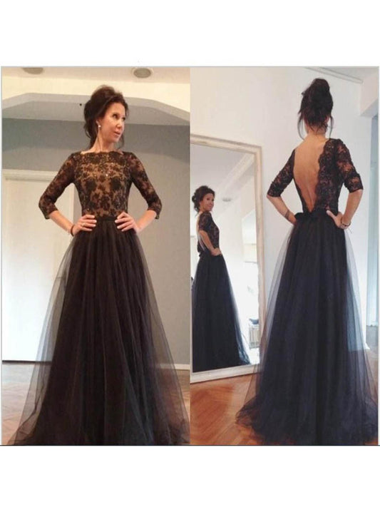 A-Line Bateau 3/4 Sleeves With Lace Sweep/Brush Train Tulle Mother of the Bride Dress