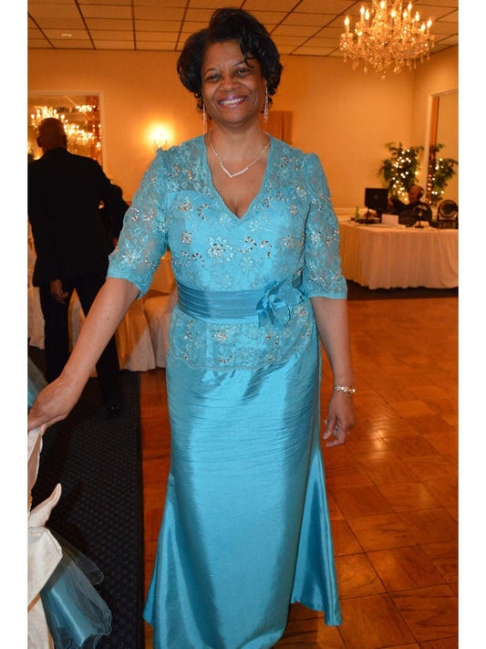 Sheath V-neck 1/2 Sleeves With Beading Floor-Length Elastic Woven Satin Mother of the Bride Dress