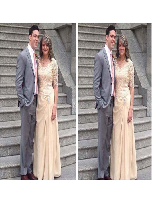 Sheath Scoop 1/2 Sleeves With Applique Floor-Length Chiffon Mother of the Bride Dress