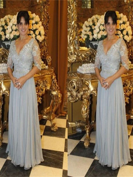 A-Line V-neck 1/2 Sleeves With Applique Floor-Length Chiffon Mother of the Bride Dress