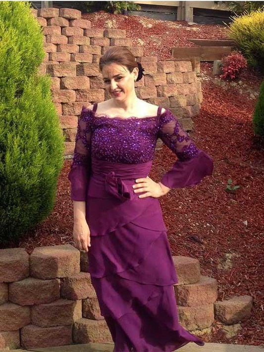 Sheath Off-the-Shoulder 3/4 Sleeves With Applique Floor-Length Chiffon Mother of the Bride Dress