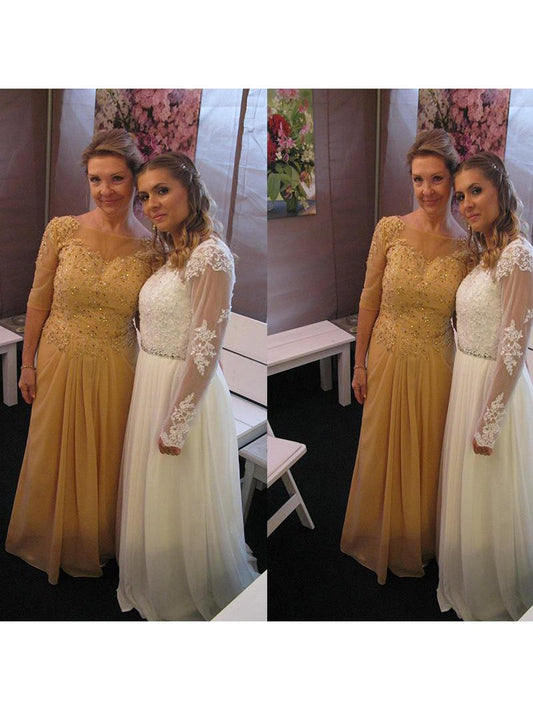 A-Line Bateau 1/2 Sleeves With Applique Floor-Length Chiffon Mother of the Bride Dress