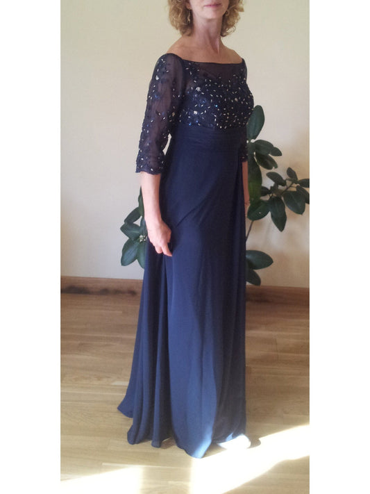 A-Line Bateau 1/2 Sleeves With Beading Floor-Length Chiffon Mother of the Bride Dress