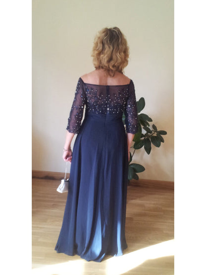 A-Line Bateau 1/2 Sleeves With Beading Floor-Length Chiffon Mother of the Bride Dress