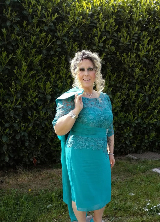 A-Line Sheer Neck 1/2 Sleeves With Applique Knee-Length Chiffon Mother of the Bride Dress