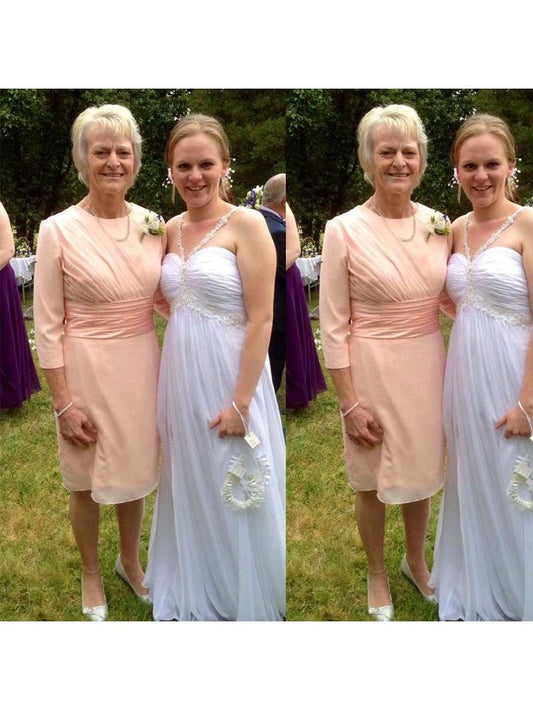 Sheath Scoop 3/4 Sleeves With Ruched Knee-Length Chiffon Mother of the Bride Dress