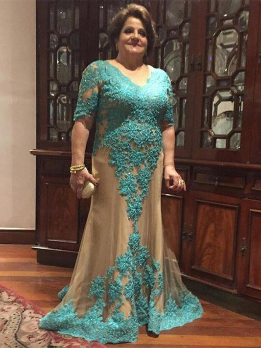 Sheath V-neck 1/2 Sleeves With Applique Floor-Length Tulle Mother of the Bride Dress