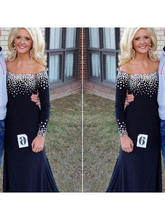 Sheath Off-the-Shoulder Long Sleeves With Beading Floor-Length Jersey Mother of the Bride Dress