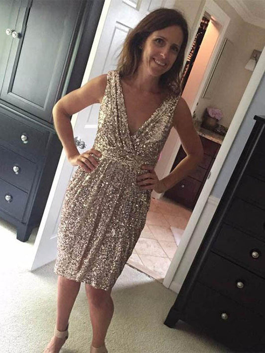 Sheath V-neck Sleeveless With Sequin Knee-Length Sequins Mother of the Bride Dress