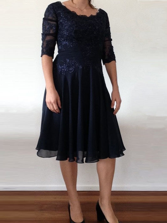 A-Line Scoop 1/2 Sleeves With Applique Knee-Length Chiffon Mother of the Bride Dress