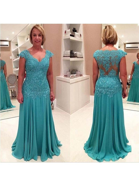 Sheath V-neck Sleeveless With Applique Sweep/Brush Train Chiffon Mother of the Bride Dress