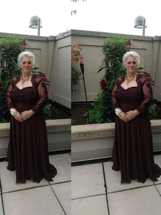 A-Line Sweetheart Long Sleeves With Applique Sweep/Brush Train Chiffon Mother of the Bride Dress
