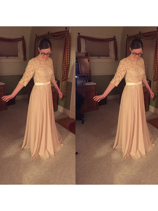 A-Line Sheer Neck 1/2 Sleeves With Lace Floor-Length Chiffon Mother of the Bride Dress