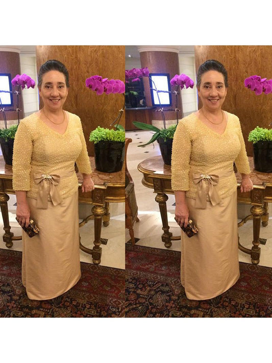 Sheath V-neck 3/4 Sleeves With Beading Floor-Length Elastic Woven Satin Mother of the Bride Dress