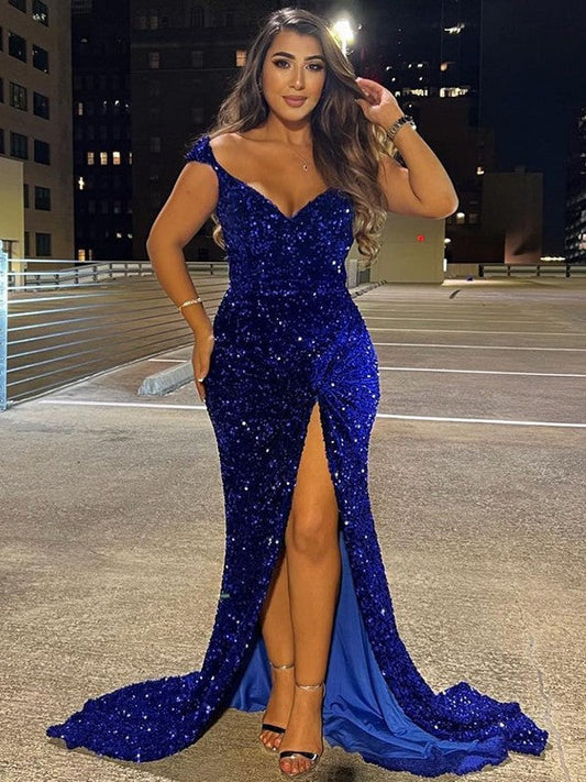 Sheath/Column Velvet Sequins Ruched V-neck Sleeveless Sweep/Brush Train Prom Dress