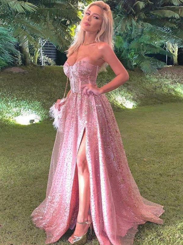 A-Line/Princess Ruffles Sweetheart Sleeveless Sweep/Brush Train Prom Dress