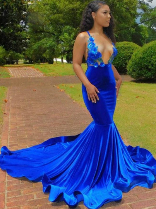 Trumpet/Mermaid Elastic Woven Satin Applique V-neck Sleeveless Court Train Prom Dress