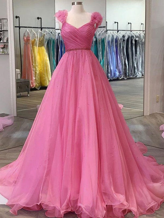 A-Line/Princess Organza Ruffles V-neck Sleeveless Sweep/Brush Train Prom Dress