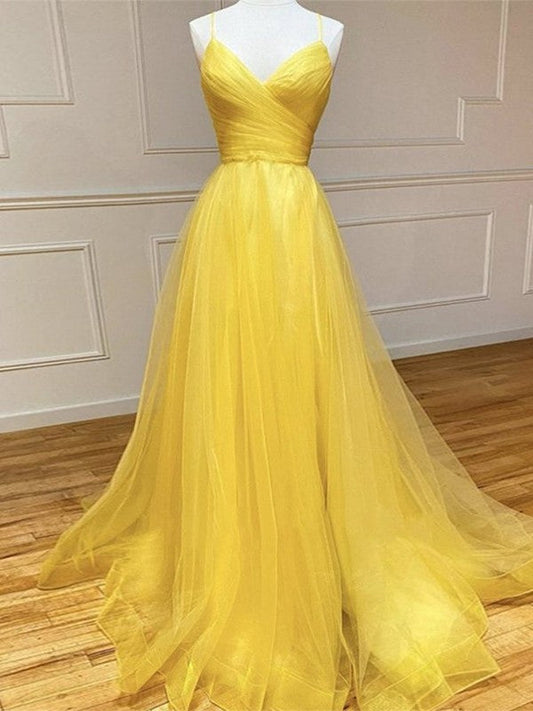 A-Line/Princess Tulle Ruched V-neck Sleeveless Sweep/Brush Train Prom Dress