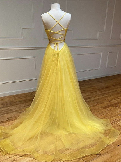 A-Line/Princess Tulle Ruched V-neck Sleeveless Sweep/Brush Train Prom Dress