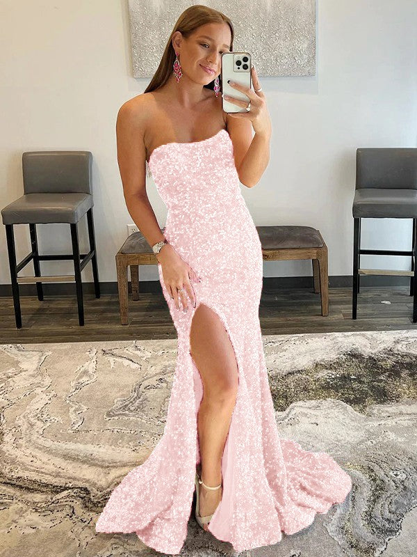 Sheath/Column Velvet Sequins Ruffles Strapless Sleeveless Sweep/Brush Train Prom Dress
