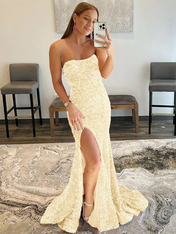 Sheath/Column Velvet Sequins Ruffles Strapless Sleeveless Sweep/Brush Train Prom Dress