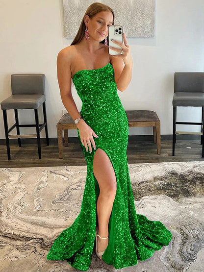 Sheath/Column Velvet Sequins Ruffles Strapless Sleeveless Sweep/Brush Train Prom Dress